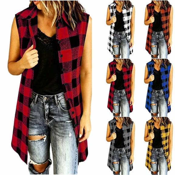 VBVC Women's Buffalo Plaid Button Down Vest , Casual Long Shirt For Women , Ladies' Collared Sleeveless Tunic Top, Red , S-2XL