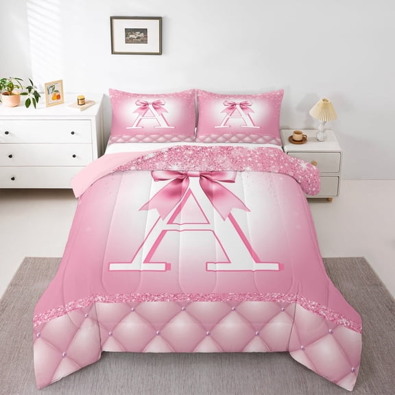 jejeloiu Letter A Monogrammed Bedding Comforter Set,Cute Bow Cowtie Twin Comforter Sets,Pink Glitter Print Bedding Set For Child,Microfiber Room Decorative Reversible,2 Pieces