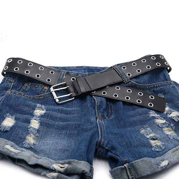 HONMEET Black Double Row Hole Belt, Punk Style Artificial Casual Men's Fashion Accessory