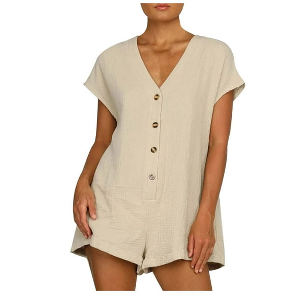 Diufon Summer Short Rompers for Women V Neck Short Sleeve Bodysuit Button Down Cotton Linen Casual Jumpsuits