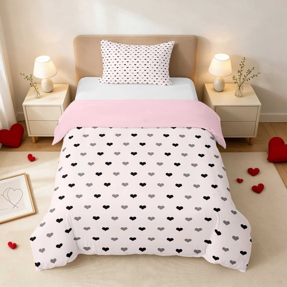 Erosebridal Polka Dot Heart Grid Pattern Twin Duvet Cover for Girls, Minimalist Dots Love Twin Bedding, Pink Reversible 2pcs 1 Duvet Cover and 1 Pillowcase