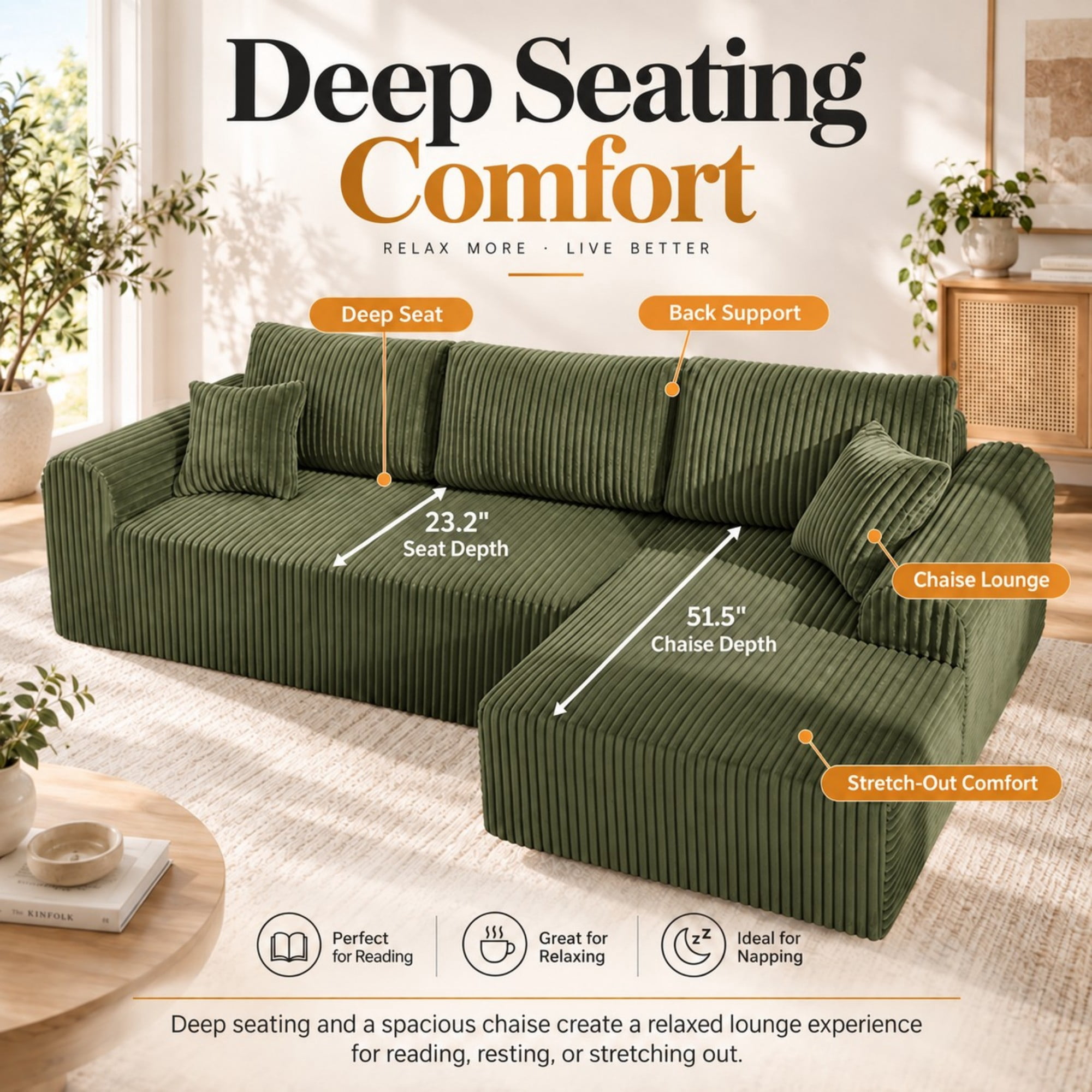 DEALTOPS 109" Corduroy L-Shape Floor Cloud Couch, Deep Seat Modular Sectional Sofa, Right Chaise, Green