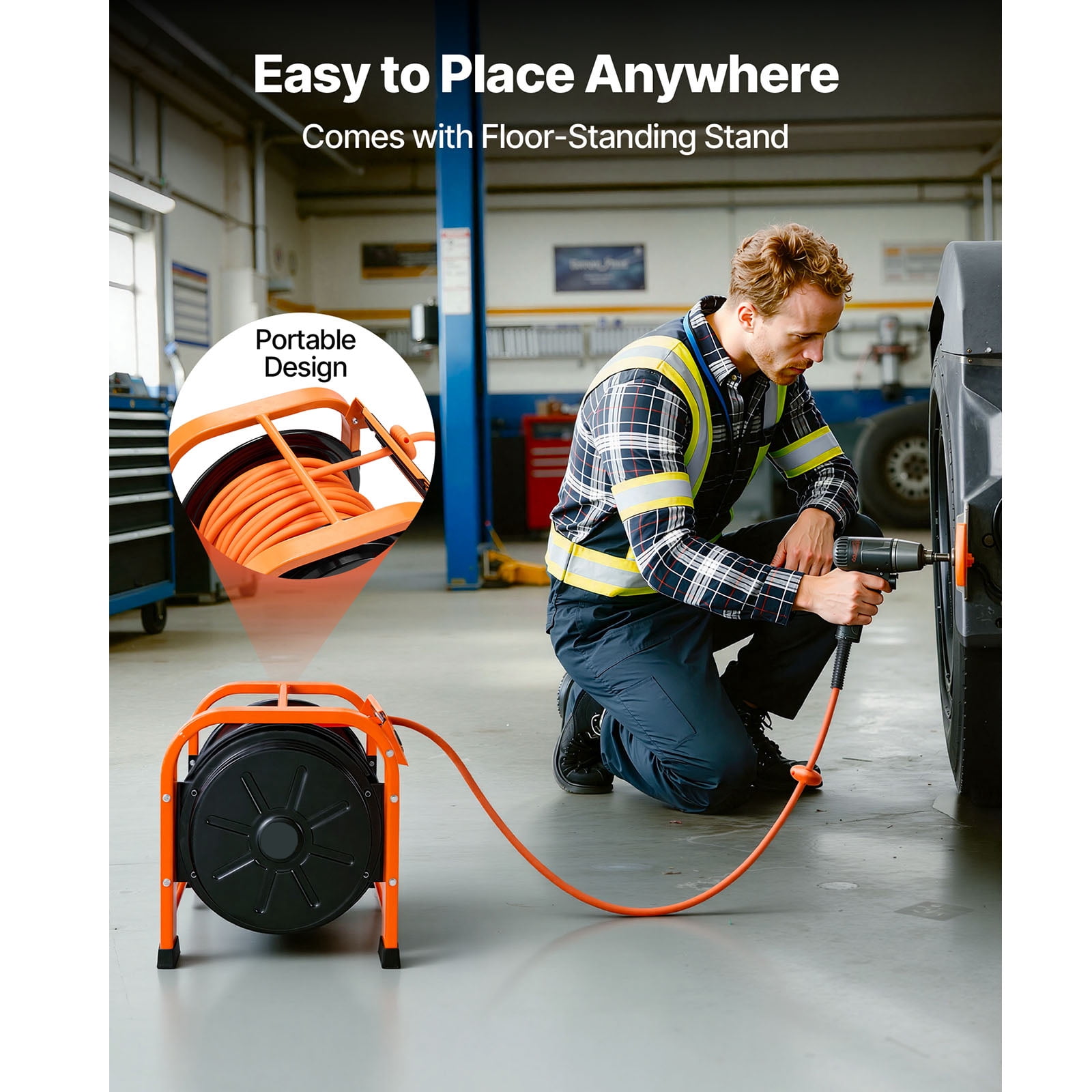 KFFKFF Retractable Air Hose Reel, 3/8 Inch x 100 FT PVC Air Hose, 300 PSI Max, Automatic Rewind with 5 ft Lead-In, Durable Steel Frame for Garages and Workshops