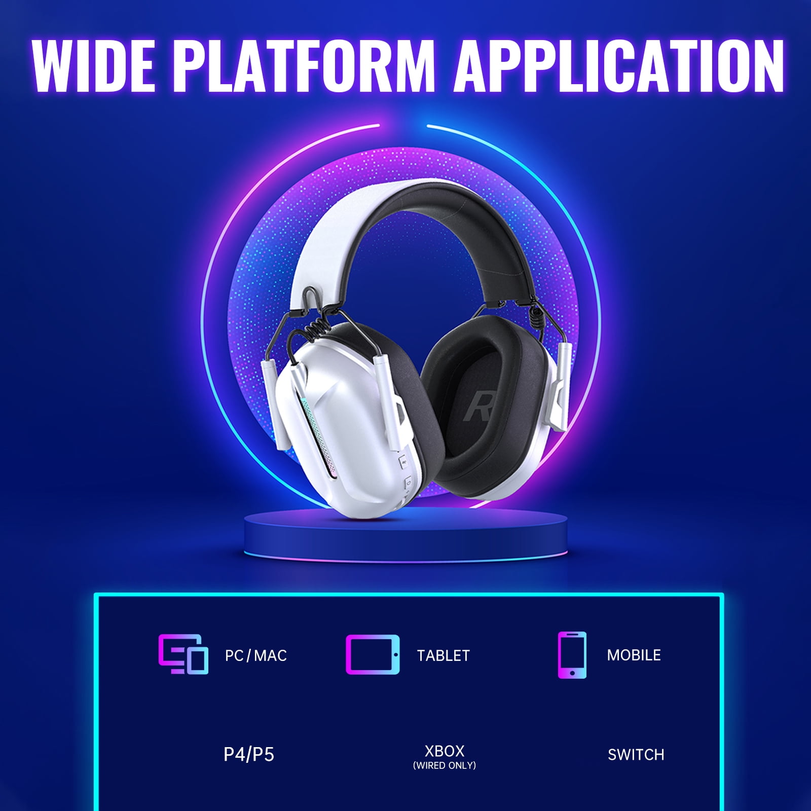 Ecomoment Wireless Gaming Headset Compatible for PS5 Switch PC Mac, 2.4 GHz/Bluetooth 5.2 Gaming Headphones with Noise Cancelling Microphone 40+ Hours Battery Life,3.5mm Wired for Xbox Series,White