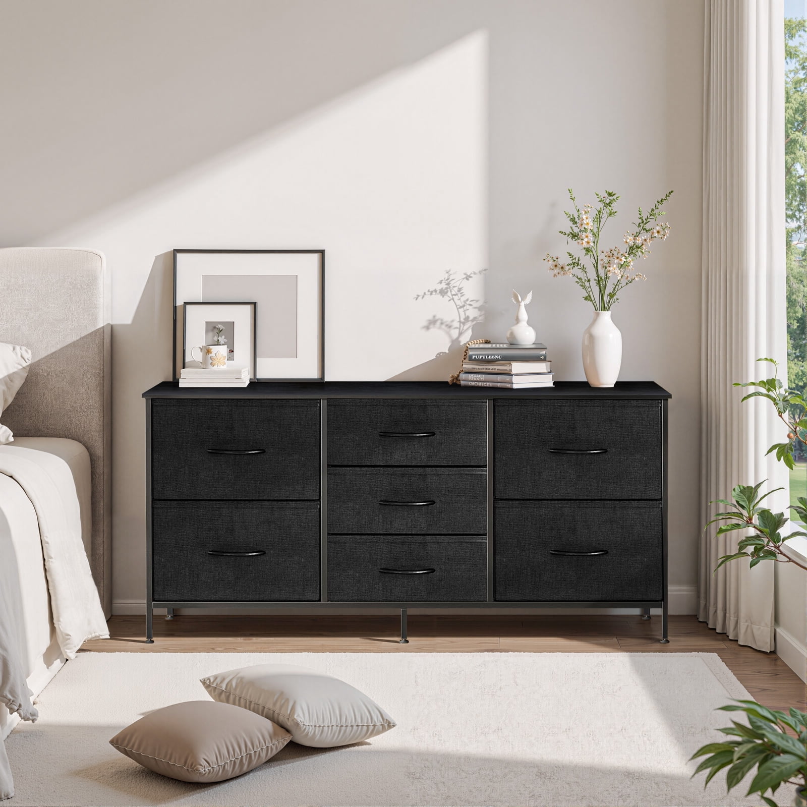 Dresser, Betcozy Storage Organizer with 7 Drawers for Bedroom, Chest of Drawers with Fabric Bins, Sturdy Metal Frame, Wood Tabletop for Guest Room, Closet, Entryway, Nursery, Black