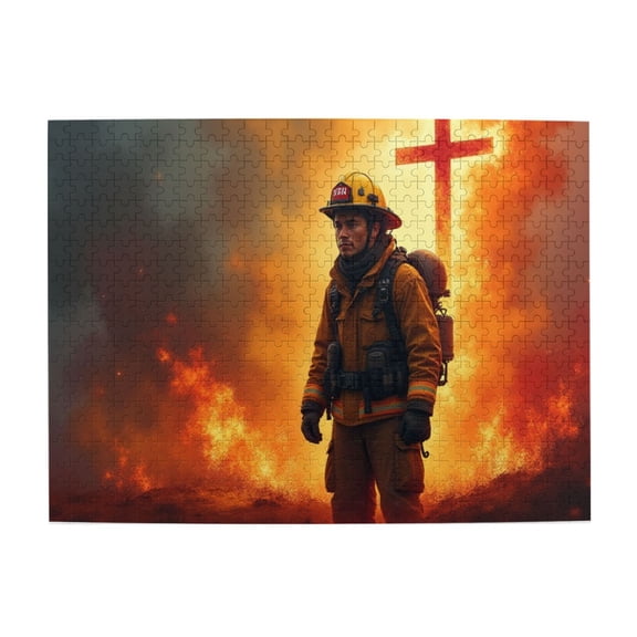 500 Piece Jigsaw Puzzle For Adults Firefighter And Burning Cross Faith Courage And Sacrifice Challenging Adult Puzzle Unique Artwork Great Gift Idea 20.5X15In