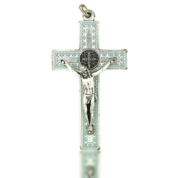 3" Silver-Tone St. Benedict Crucifix with Filigree and White Enamel Inlays