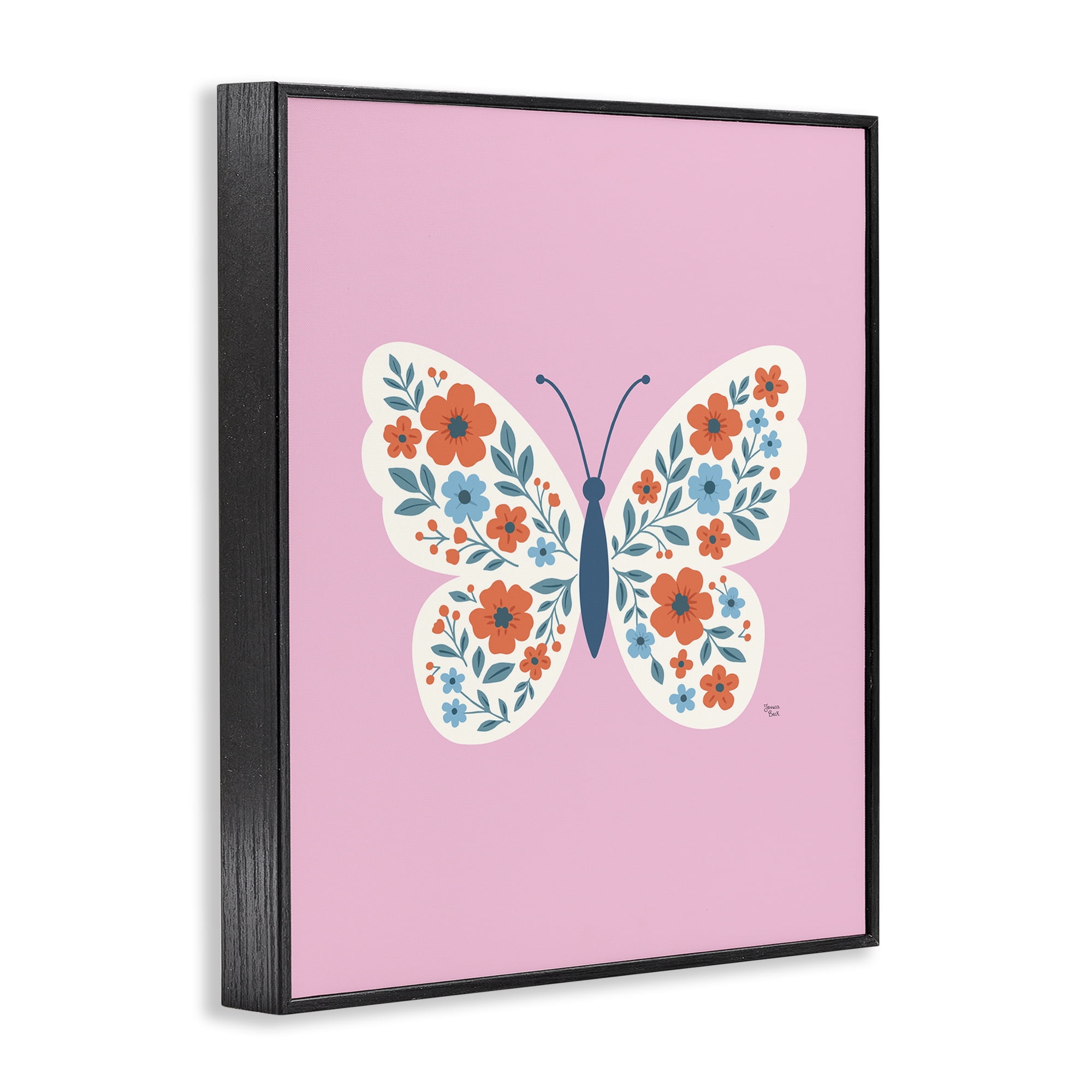 Boho Pink Floral Butterfly Black Framed Giclee Art, design by Jessica Beck
