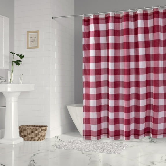 Levtex Home - Camden - Shower Curtain with Grommets - One Shower Curtain Panel 72 inch Length, 72 inch Width - Buffalo Plaid - Red and Cream - 100% Cotton - Lined