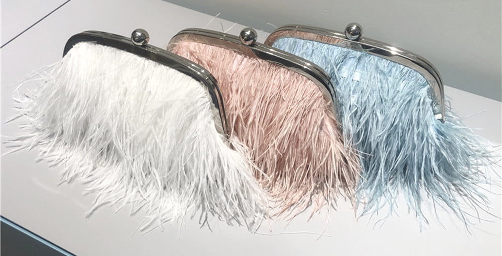 Vintage Fluffy Ostrich Feather Evening bags and Clutches for Women Pearl Chain Tote bags Bridal Purses Wedding Party Pink