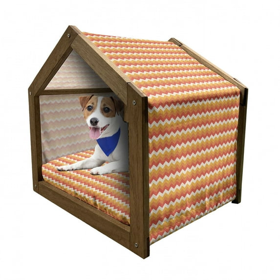 Chevron Pet House, Warm Toned Geometric Composition with Stripes Modern Graphic Design, Outdoor & Indoor Portable Dog Kennel with Pillow and Cover, 5 Sizes, Vermilion Orange, by Ambesonne