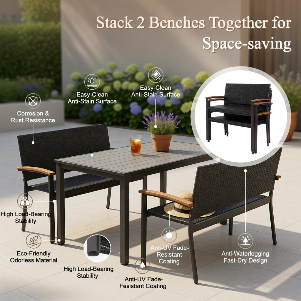 Hommoo Outdoor Wicker Patio Bench with Acacia Wood Armrests, 45" Steel Frame, Weather-Resistant PE Rattan, for Garden, Porch & Indoor Use, Black