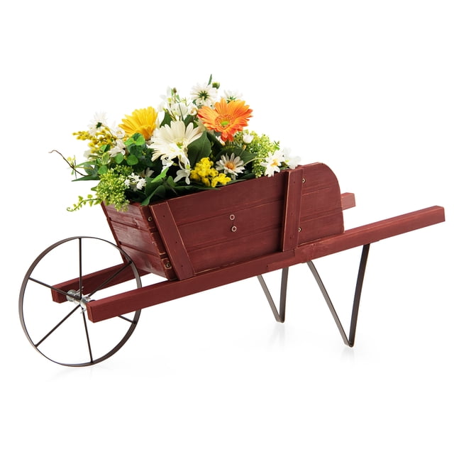 Patiojoy Flower Pot Wheelbarrow Planter Solid Pine Wood Wagon Planter w/ Triangular Metal Support 2 Energy-saving Handles Movable Whee Red