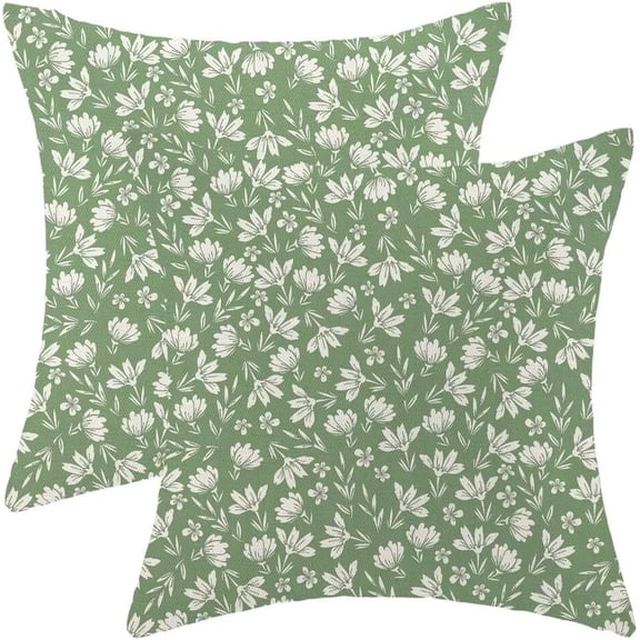 Spring Sage Green Pillow Covers 18 X 18 Inch Set of 2, Vintage Cute Floral Decorative Throw Pillows Rustic Seasonal Farmhouse Flower Pillowcase Linen Cushion Case for Outdoor Home Sofa Couch