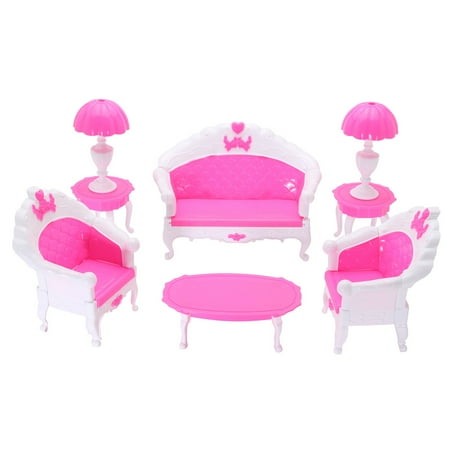 meigar 6pcs barbie dollhouse furniture living room parlour sofa chair set  toys for barbie doll pink