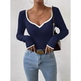 thumbnail image 3 of Women'S Sweetheart Neck Long Sleeve T Shirt Rib Knitted Contrast Binding Tee Tops Navy Blue L, 3 of 6