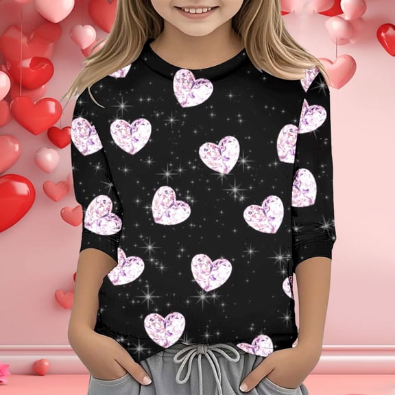 Wuxian Girls Funny T Shirts3/4 Quarter Sleeve Love Heart Crewneck Casual Shirts Valentines Fashion Relaxed T-Shirts Cute Trendy Tops ,Black,3-4 Years