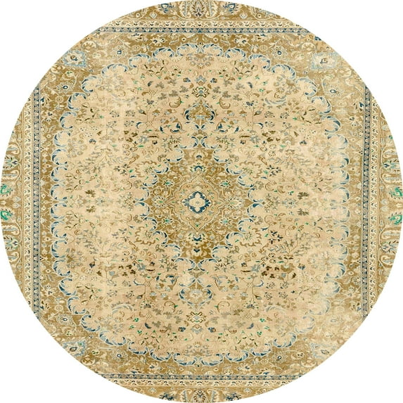 Ahgly Company Machine Washable Indoor Round Abstract Brown Gold Area Rugs, 7' Round
