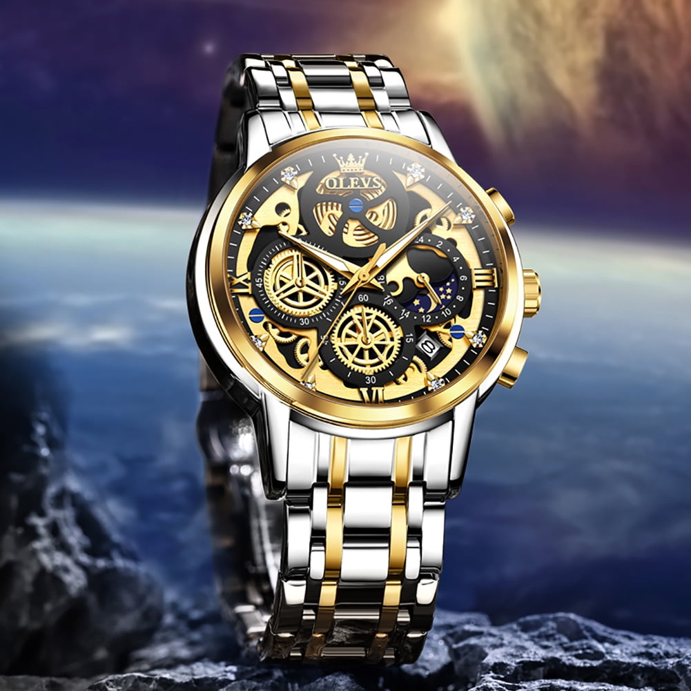 OLEVS Watches for Men Business Dress Luxury Analog Quartz Chronograph Two Tone Gold Plated Stainless Steel Waterproof Luminous Date Casual Mens Wrist Watches Reloj Para Hombre