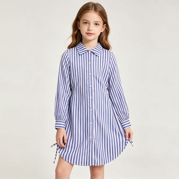 Angala Shirtdress Dress For Girls Long Sleeve Notch Neck Striped Print Girls Back To School Dresses