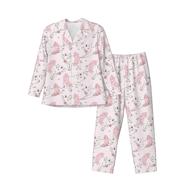 Fotbe Cute Piggy Ballerina Pijama de Hombre con Estampado de Manga Larga, Conjunto de 2 Piezas, Ropa de Dormir Suave y Cómoda con Bolsillos-Large