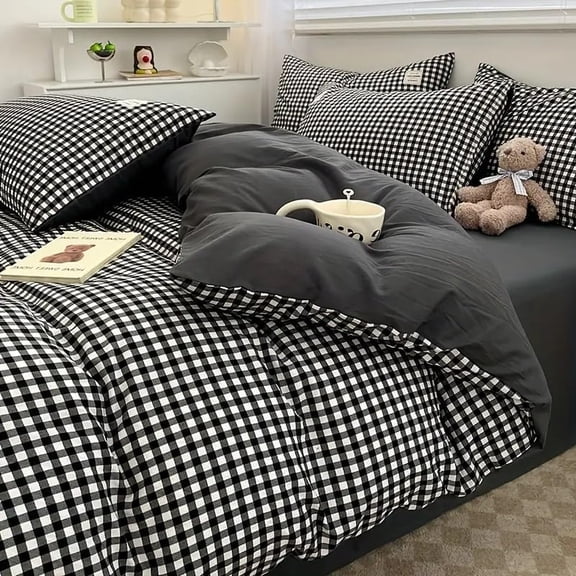 Duvet Cover Queen Size 3pcs Black White Plaid Checkered Comforter Cover Modern Farmhouse Grid Reversible Bedding Set Soft Breathable Washed Microfiber Duvet Covers with Zipper Ties