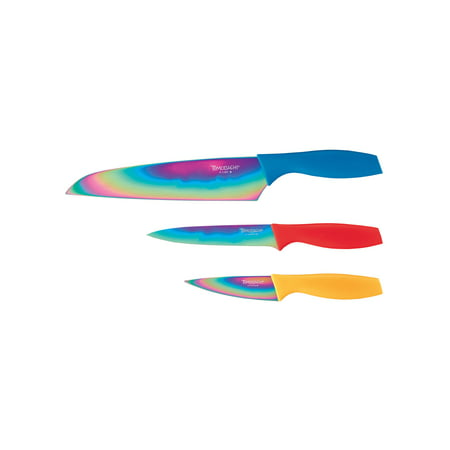 Hampton Forge Tomodachi 3 Piece Knife Set with 3 Blade Guards - Rainbow Titanium Coated Kitchen