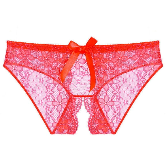 Odeerbi Women's Lace Crotchless Panties 2025 Valentine's Day Sexy Underwear Lace Bow Bikini Panties Pearl Silky Comfy Lace Brife Red