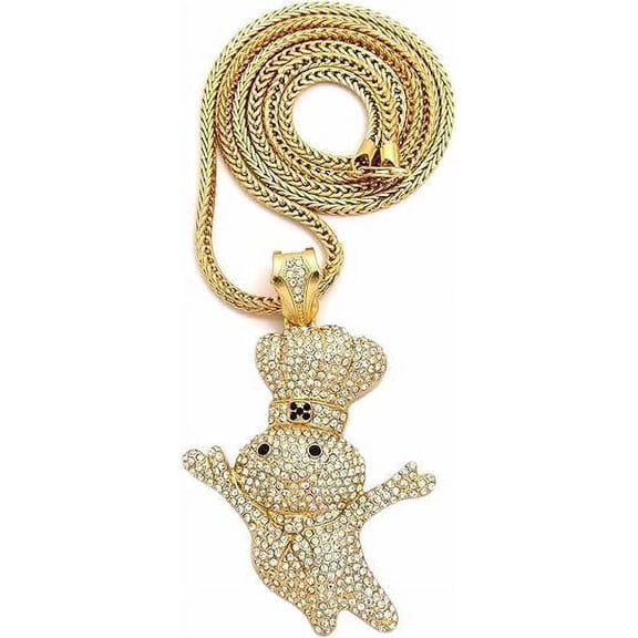 Hip Hop Iced Gold Plated Cubic Zirconia Large Doughboy Bling Pendant & 4mm 36" Franco Chain Style Jewelry Necklace Perfect Gift