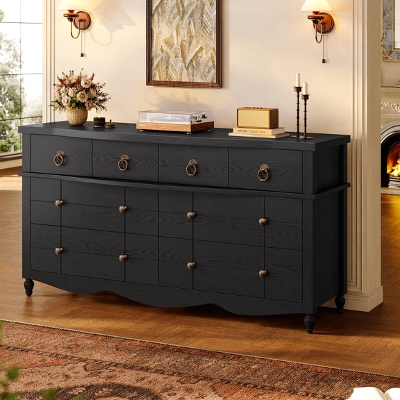 7 Drawer Dresser for Bedroom, 52 Inch Wide Chest of Drawers with Roman Legs, TV Stand Storage Cabinet for Living Room, Hallway, Black