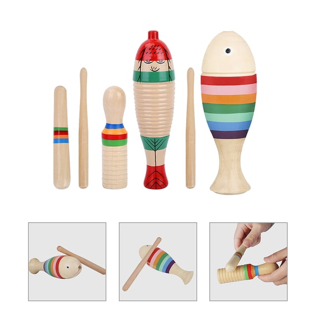 WASHWEPE Wooden Guiro Percussion Instrument for Beginner with Stick Assorted Color Fish Shaped 3 Sets