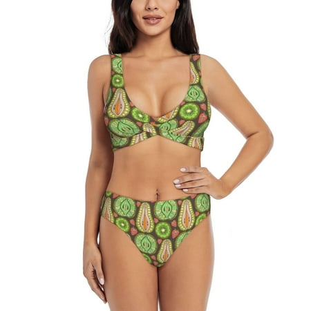 Zeuib Fruits 1 High Waisted Tummy Control Bikini Set - Knot Front Push Up Top & Cheeky Thong Bottom  Two-Piece Swimsuit for Women-Medium