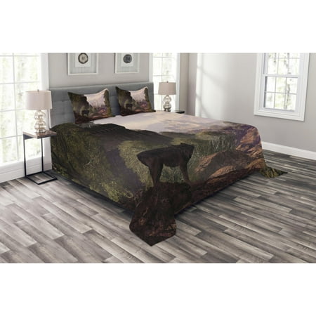 Wolf Bedspread Twin Woodland Bedspread Set, Wolf Coming out of the Woods Gothic Castle Lake Boat off in Distance, Decorative Quilted Coverlet Set with Pillow Shams Included, Brown Army Green Rose, by Ambesonne ()