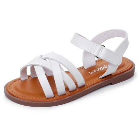 Apakowa Girls Sandals Open Toe Princess Flat Sandals Strappy Summer Shoes (Color : White  Size : 7 Toddler)
