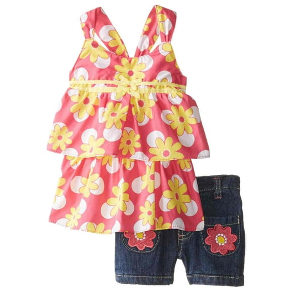 Young Hearts Infant Girls Pink Flower Shirt & Denim Shorts 2 PC Outfit 12 Months
