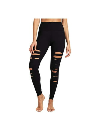 haxmnou women slim stretch ripped leggings high waist sports yoga casual  pants trousers black m