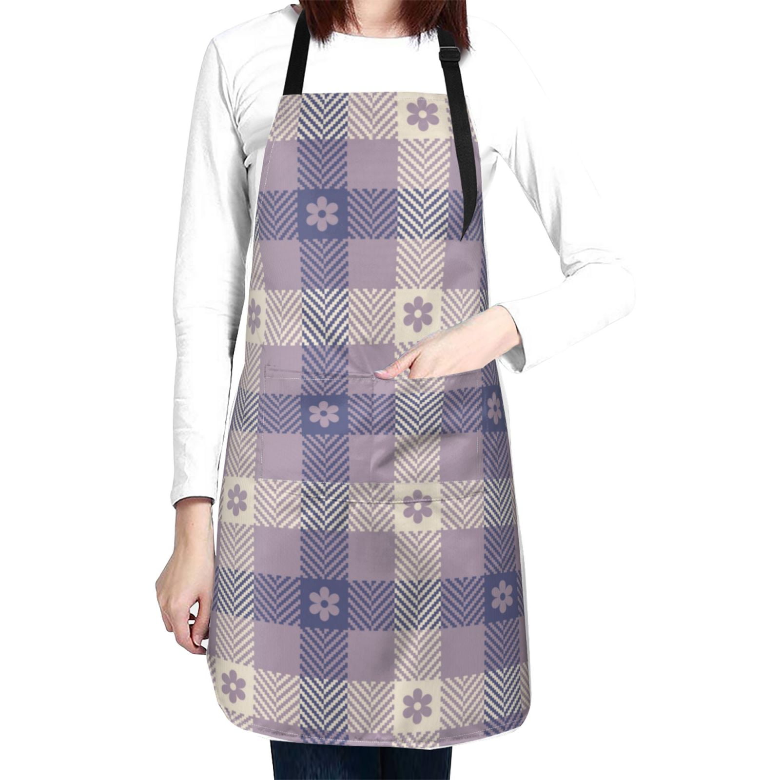 Kdxio Purple Floral Gingham Check Plaid Apron with Pockets Adjustable Kitchen Aprons for Men Women Waterproof Aprons for Cooking,Drawing,Crafting, Baking Household Cleaning
