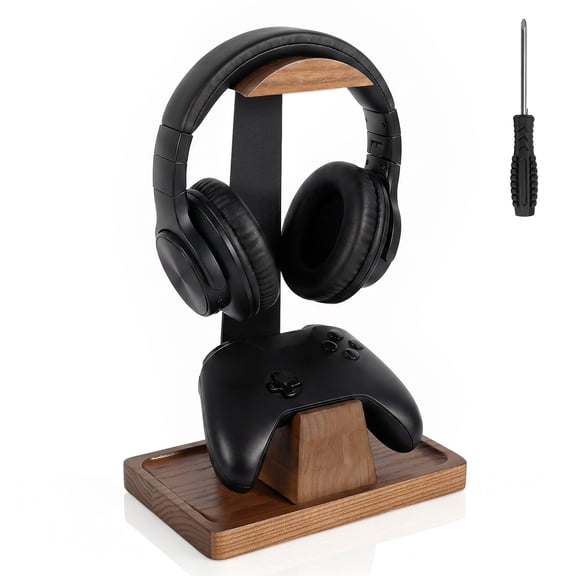 Wood Headphone Stand with Controller Holder 2 in 1 Gaming Headset and Gamepad Hanger with Storage Tray for Gamer and Audiophile