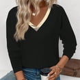 thumbnail image 4 of Tops for Women Long Sleeve Fall Winter Classic Solid Color Gold V-neck Pullover T-shirt Black M, 4 of 5