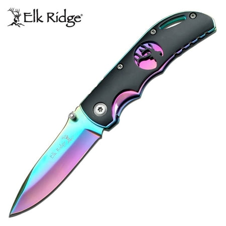 Elk Ridge - Outdoors Folding knife - 3.75-in Rainbow Stainless Steel Blade, Rainbow Stainless Steel Handle with Black Aluminum Overlay, Pocket Clip - ER-134RB