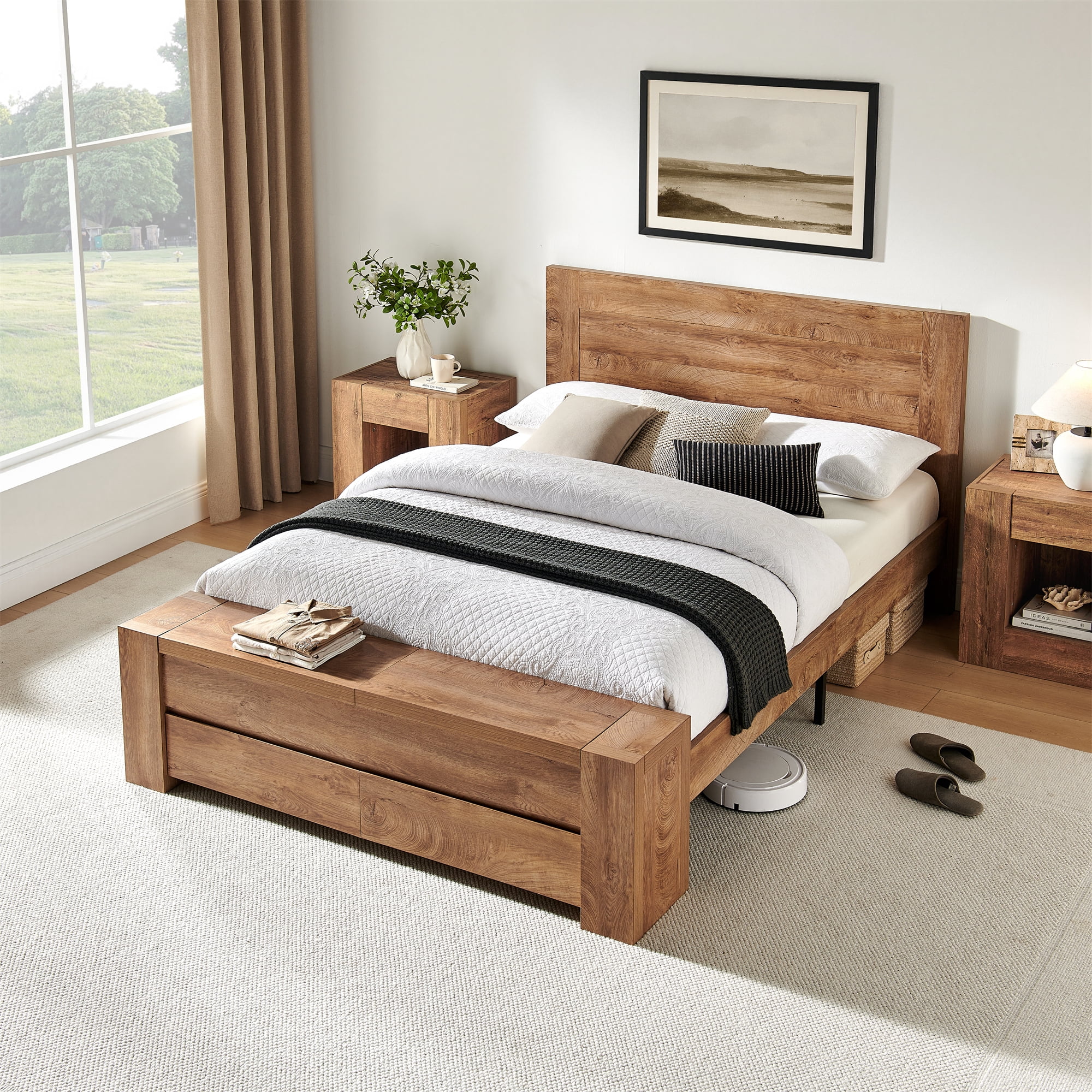 KeyWhat Modern Queen Size Storage Bed Frame with Panel Headboard, Footboard Storage Bench, Built-In Drawers, Lift-Up Compartments, No Box Spring Needed, Light Tree Knot