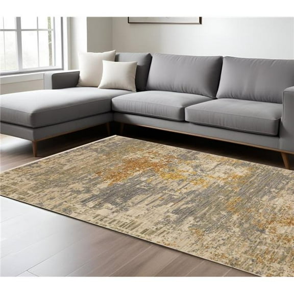 HomeRoots 576470 8 x 11 ft. Beige & Gold Abstract Area Rug with Fringe