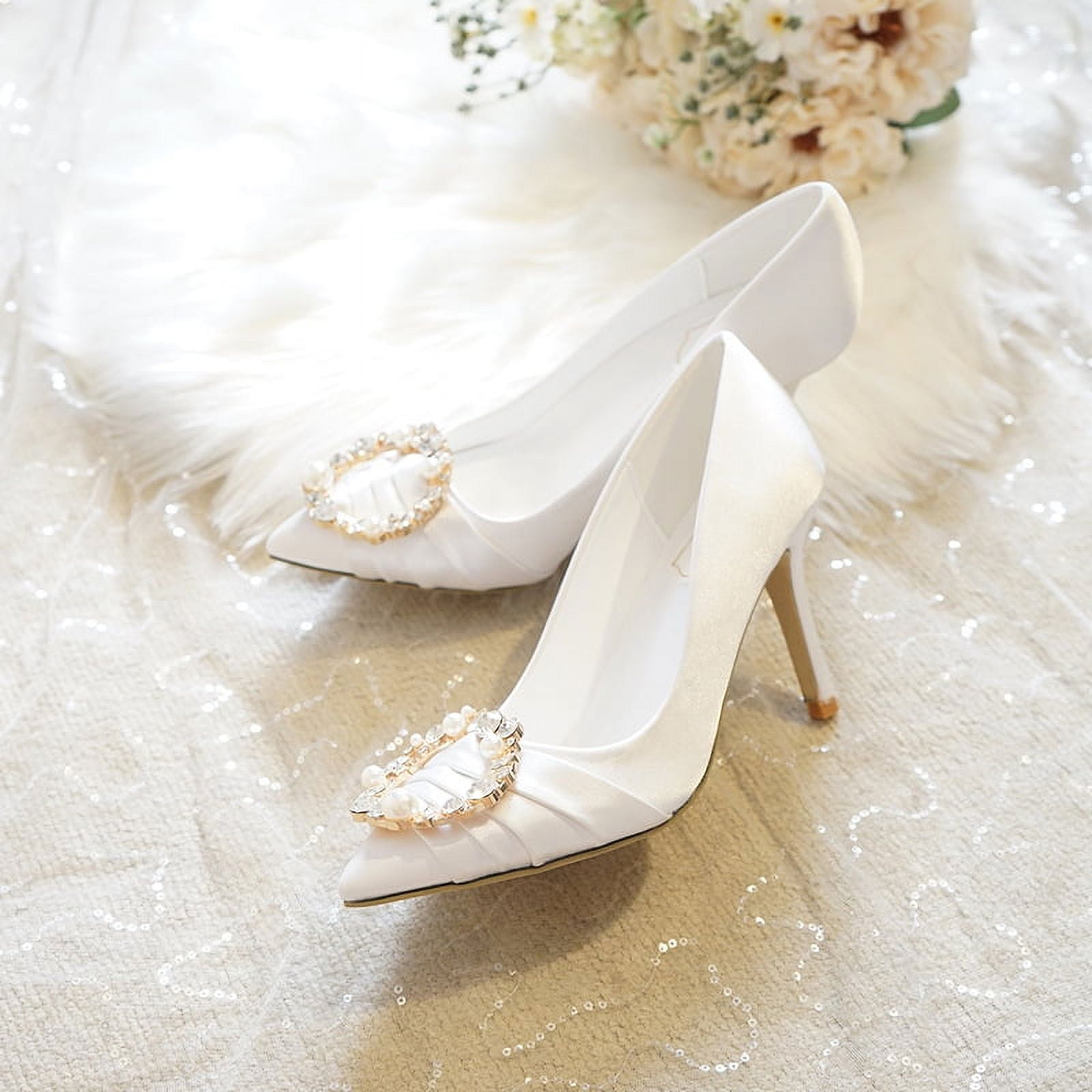 New White High Heels Women's Pearl Rhinestone Large Wedding Shoes
