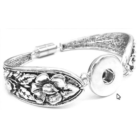 Antique Button Bracelet - Antique Silver Color Magnetic Clasp Spoon Flower Carved Bracelet Fits Snap Buttons 18mm