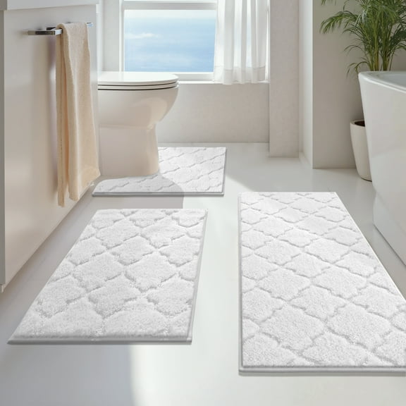 Findosom Bathroom Rugs Sets 3 Pcs,Non Slip Soft Absorbent Microfiber Bath Mats and U-Shaped Contour Toilet Rug,Machine Washable Plush Shaggy Bath Mat Set for Bathroom 18"x26" 18"x48" U 20"x24" White