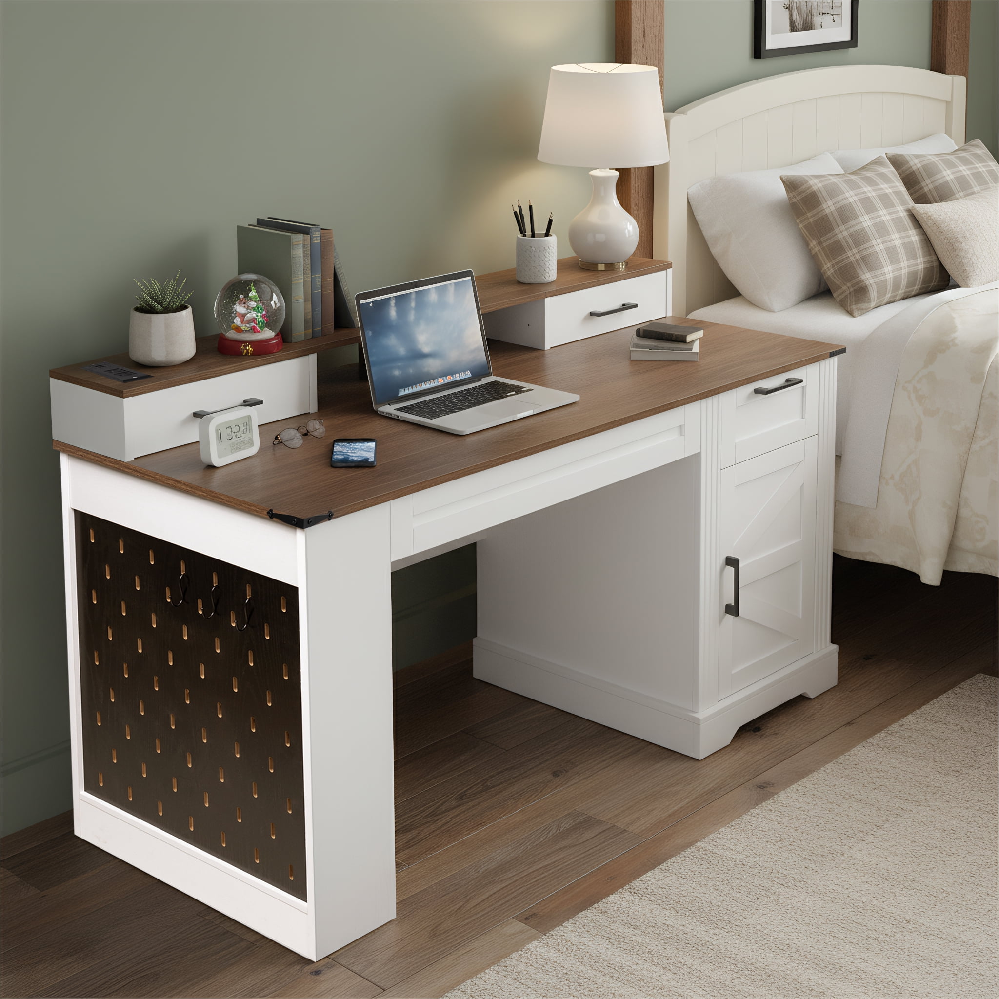 Mintazer 55" Farmhouse Office Desk with Charging Station & Storage Drawers, Computer Writing Desk with Monitor Stand, Keyboard Tray & Pegboard for Study Living Room Home Office, White