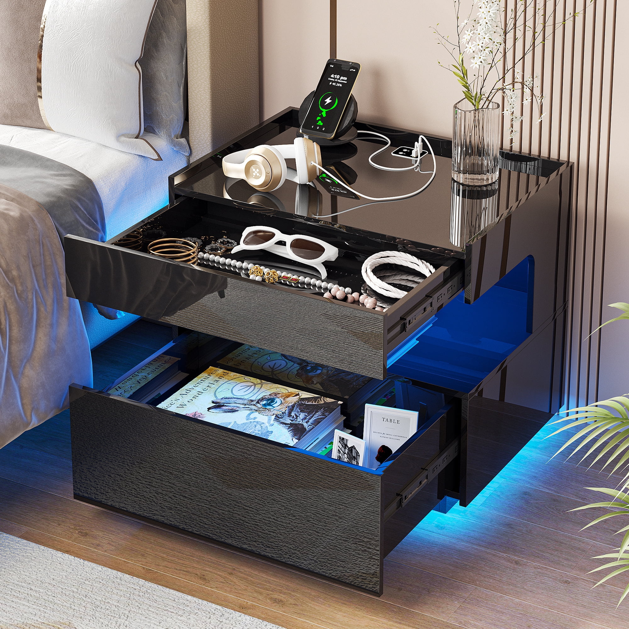 VKCC Modern LED Nightstand with Open Shelf, 2-Drawer Bedside Table with Charging Station, Black