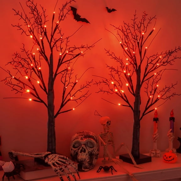 Halloween Indoor Decorations 1 Pack 24 Inch Black Halloween Tree with 24 Orange Led Lights, Timer/USB/Battery Operated Lighted Spooky Tabletop Tree for Halloween Decor Home Table Holiday Party