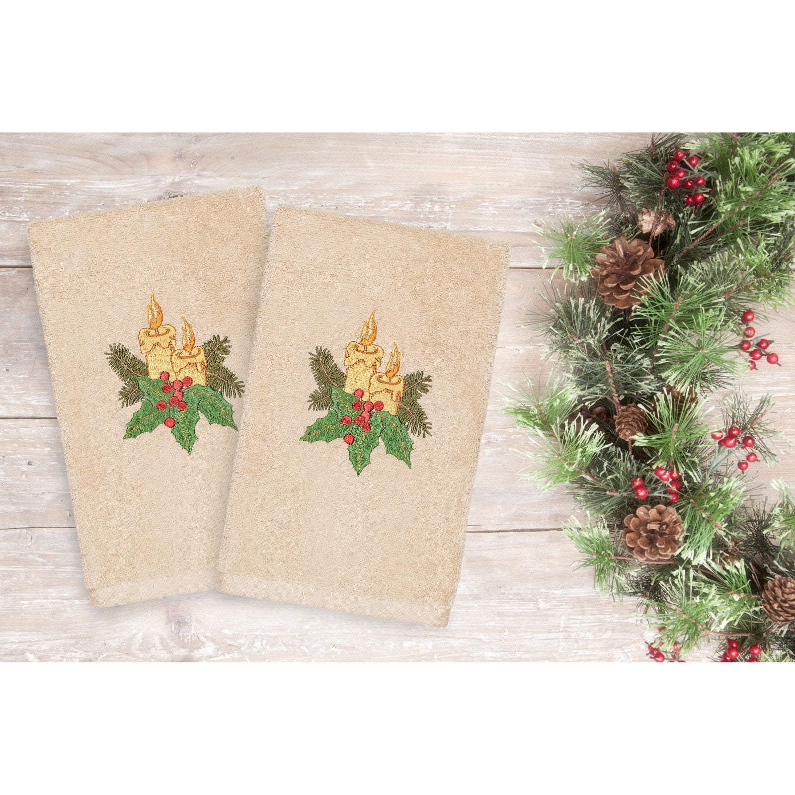 Linum Home Textiles Christmas Candles Embroidered Turkish Cotton Hand Towel - Set of 2