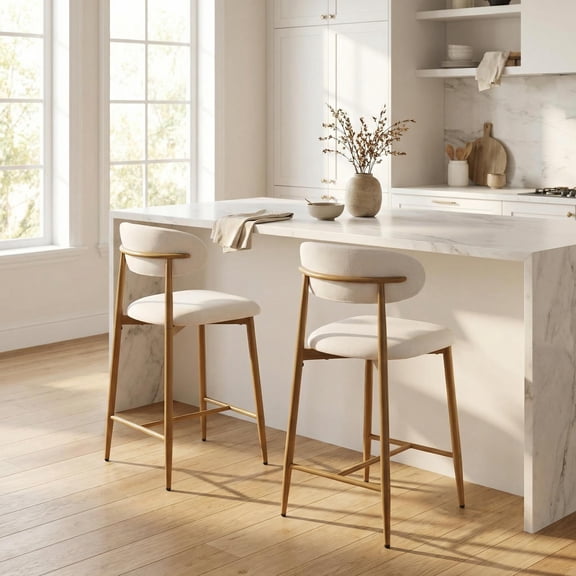 FurnitureR Set of 2 Bouclé Upholstered Bar Stools, Counter Height Kitchen Island Chairs with Curved Backrest, Wood-Grain Metal Legs, Footrest & Non-Slip Feet, Cream/Beige